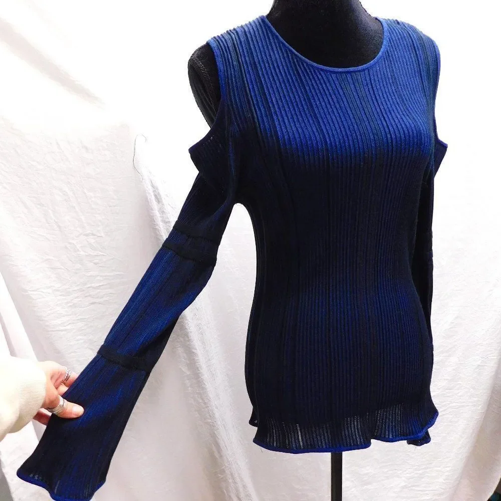 Club Monaco M Blue & Black Ribbed Striped Cold Shoulder Blouse NEW - Picture 1 of 6